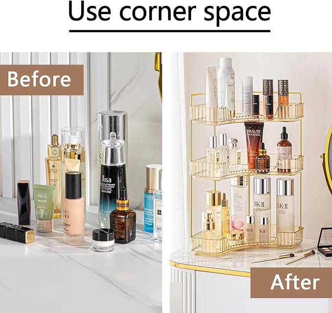 3-Tier Corner Bathroom Counter Organizer – Classic Storage Shelf for Makeup, Perfume & Toiletries, Space-Saving Countertop Tray Fits Bathroom, Dresser, Kitchen (Vintage Gold)