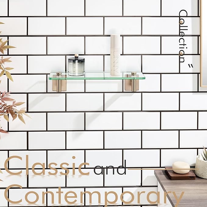 KOKOSIRI Wall Shelves Bathroom Hardware Glass Floating Shelf 12-Inch for Bedroom, Living Room, Kitchen, Hanging Rack Champagne Bronze B1105CPG-L12
