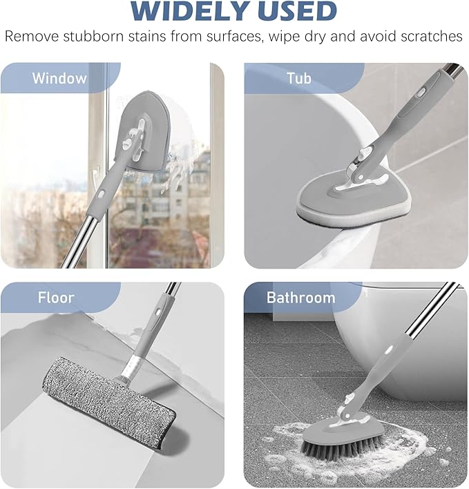 SetSail 4-in-1 Tile Tub Floor Scrubber with 52-inch Adjustable Long Handle Shower Cleaner Brush with Window Scrubber and 3 Replacement Brush Heads for Bathroom Kitchen Walls Tub Tile Sink, Grey