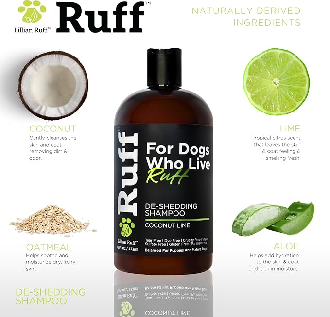 Ruff by Lillian Ruff Deshedding Dog Shampoo | Coconut Lime | Vitamin E, Omega-3, Aloe & Coconut Oil | Relieves Shedding, Itching & Hot Spots | Moisturizing & Deodorizing | Safe for Puppies | USA Made