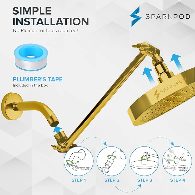 SparkPod 11" Solid Brass Shower Head Extension Arm - Flexible Height & Angle Adjustable Shower Arm Extension for Rain Showerheads with Sturdy Lock - Universal Pipe Connection (Egyptian Gold)