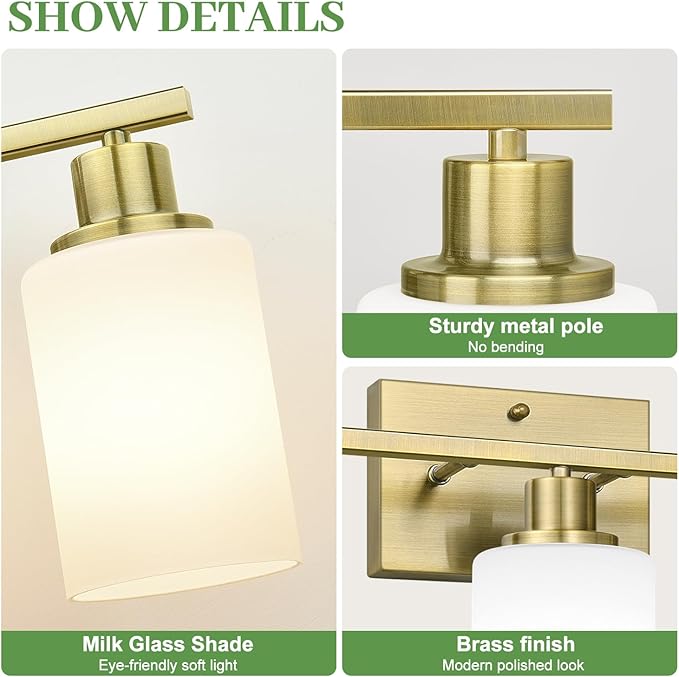 3-Light Bathroom Light Fixtures, Brushed Gold Vanity Light with Milky White Shades, Bathroom Lighting Fixtures Over Mirror, Modern Bathroom Wall Lamp for Mirror Living Room Cabinet Bedroom