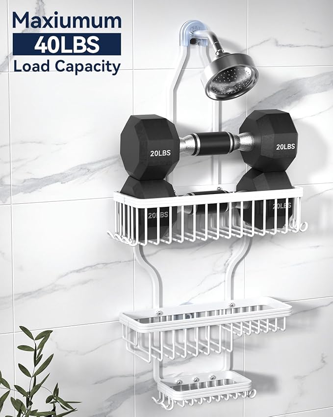 YASONIC Shower Caddy - Never Rust Aluminum Organizer - Over Shower Head with 10 Hooks & Soap Basket - White
