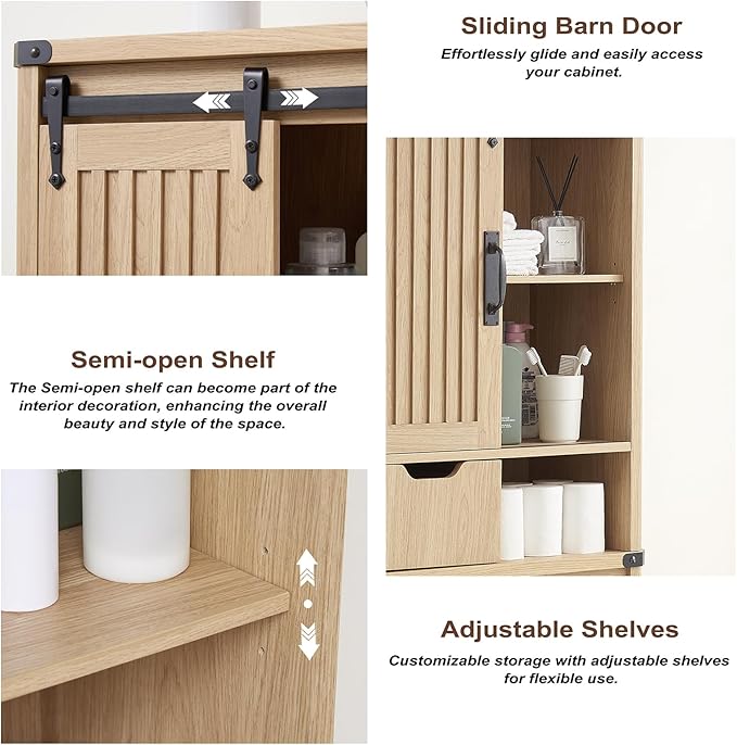 Over The Toilet Storage Cabinet, Farmhouse Storage Cabinet with Adjustable Shelves and Sliding Barn Door, Free Standing Over Toilet Bathroom Organizer (Natural Oak)