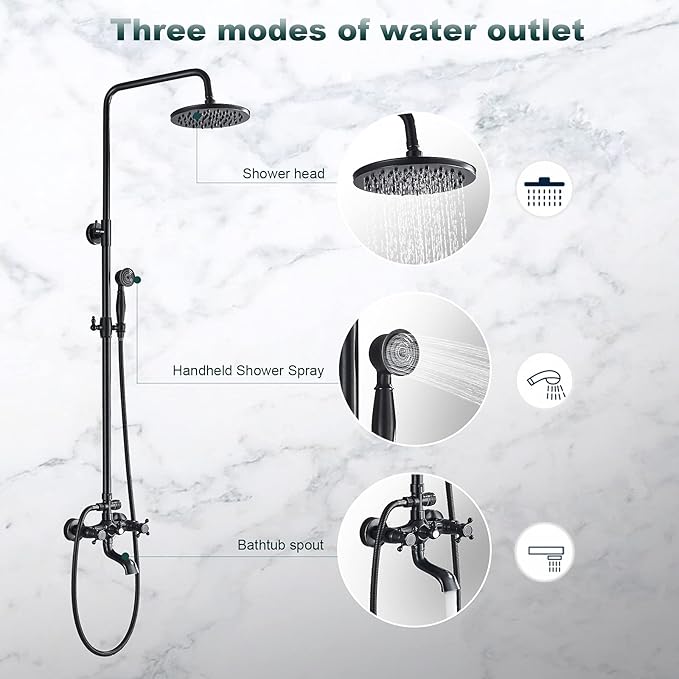 NeierThodore Oil Rubbed Bronze Shower Faucet Set Complete Shower System 8 Rain Shower 2 Cross Knobs Wall Mounted Mixer Bathroom Shower Tub Tap Bathroom Fixtures Wall Mount