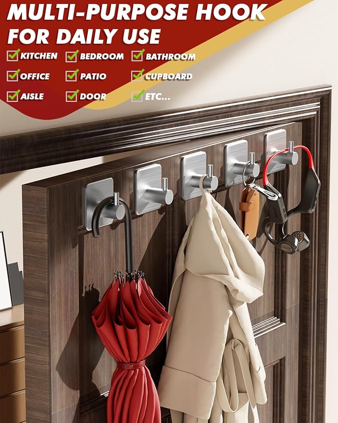 Adhesive Hooks Heavy Duty 30lb(Max) Wall Hooks, 5 Pack Damage Free Stainless Steel Hanger for Hanging Coat, Hat, Towel Robe, Waterproof Oilproof Rustproof Hook for Bathroom Shower Kitchen Office