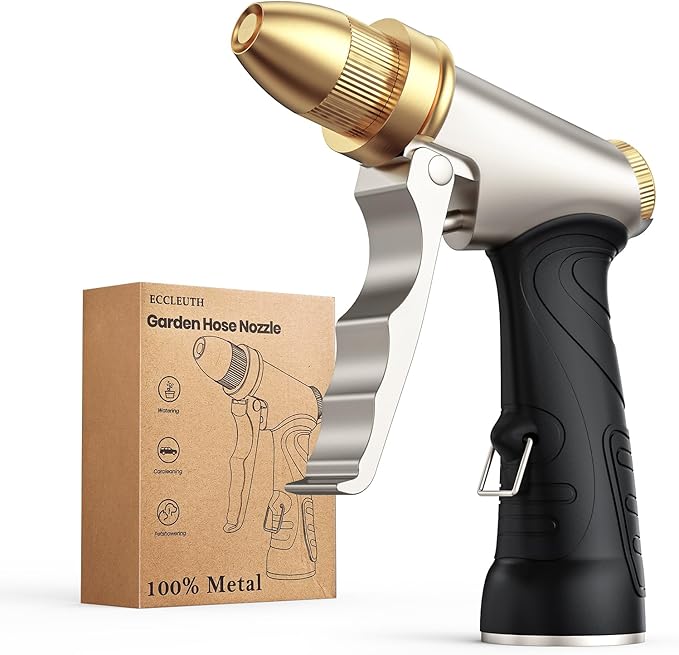 Heavy Duty Brass Garden Hose Nozzle High Pressure Metal Water Spray Nozzle with 4 Adjustable Patterns for Garden Watering, Car Washing & Pet Bathing (Brass)