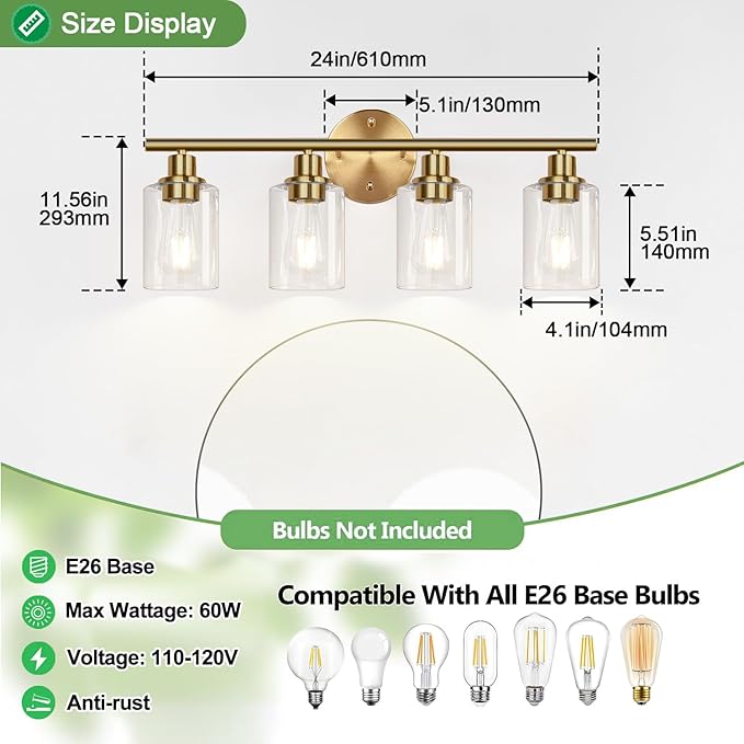 4-Light Bathroom Light Fixtures, Brushed Gold Modern Vanity Lights Over Mirror with Clear Glass Shade, Bathroom Wall Lamp for Mirror Kitchen Living Room Hallway Cabinet Porch Bedroom Reading room