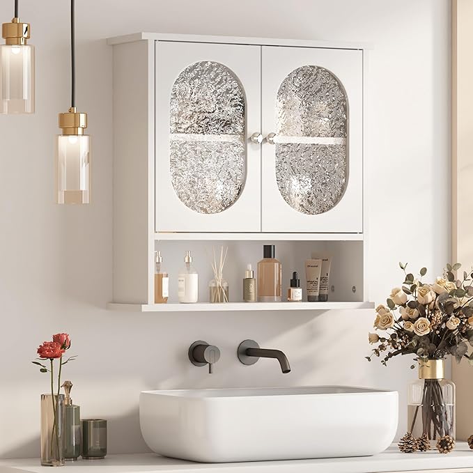 Medicine Cabinet for Bathroom,2 Acrylic Doors White Oval Bathroom Wall Cabinet,Over Toilet Storage Cabinet for Laundry Room/Kitchen/Living Room,Surface Mount Medicine Cabinets 23x24