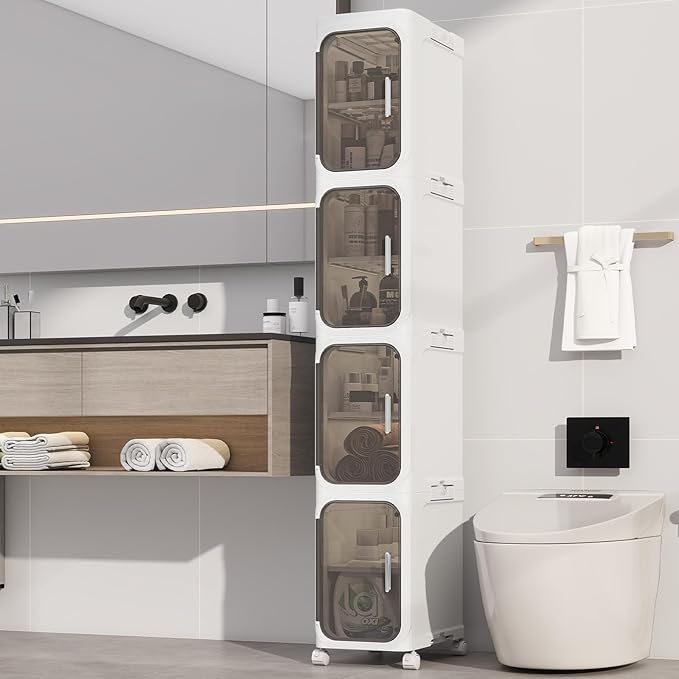 KHNR 4-Tiers Slim Bathroom Storage Cabinet, Foldable Storage Cabinets,Narrow Bathroom Storage,Movable Bathroom Storage Organizer for Small Spaces,Bathroom,Kitchen,Laundry,White