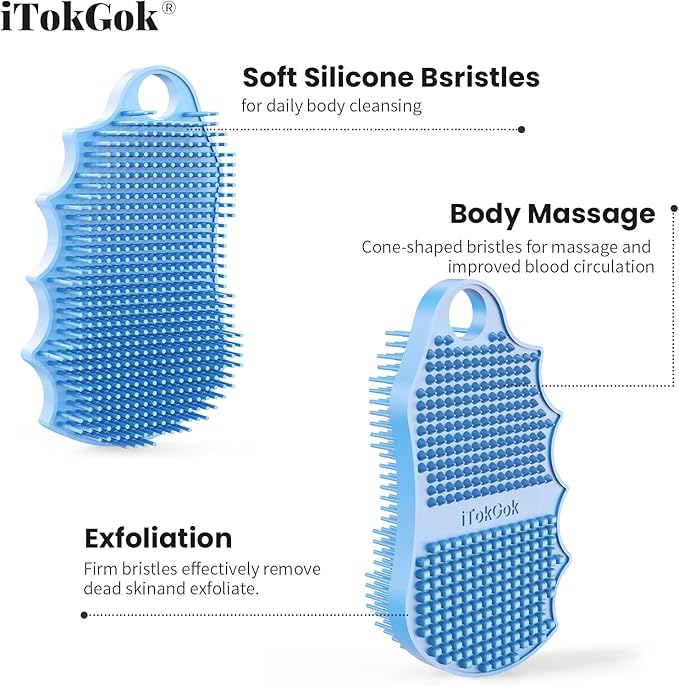 Silicone Body Scrubber Silver-Infused Dual-Sided 3-in-1 for Shower, Body Cleaning+Massage+Exfoliator Body Brush Buffer for Men and Women, Silicone Loofah, Non-Slip Handle (Sky Blue)