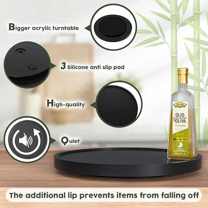 Lazy Susan for Table, 12 Inch Non-Skid Bamboo Turntable Organizer for Salt Pepper Spices and Olive Oil Next to Stove, Wooden Rotating Tray for Kitchen Countertop Organizer Black