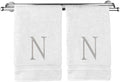 Monogrammed Hand Towel, Personalized Initial Gift, Extra Absorbent 100% Turkish Cotton - Soft Terry Finish - Set of 2 - Silver Block Initial N - Embroidered on White Towels
