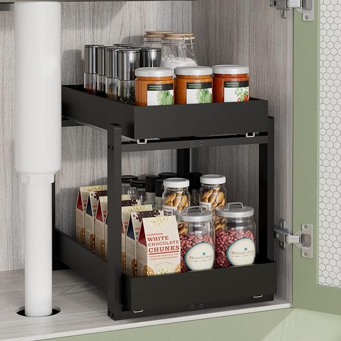 2 Pack Under Sink Organizer, Bamboo Wooden 2-Tier Pull-Out Storage with Sliding Drawers for Kitchen and Bathroom Cabinets, Easy Installation (Black, 1 pack)