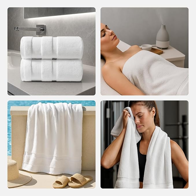 REDKISS 100% Cotton Bath Towels Set of 2, Extra Large Bath Sheets 35 X 70 Inches, 800 GSM, Quick Dry, Ultra Soft & Super Absorbent Bathroom Towel Sets for Bathroom, Gym, Spa, Pool & Hotel, White