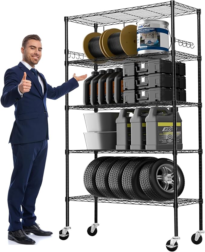 Storage Shelves 75"H Wire Shelving Unit with Wheels 1750LBS Heavy Duty Metal Shelves for Storage Adjustable 5-Tier Garage Storage Rack Kitchen Pantry Shelves Rolling Shelf on Casters, 14"D x36"W x75"H