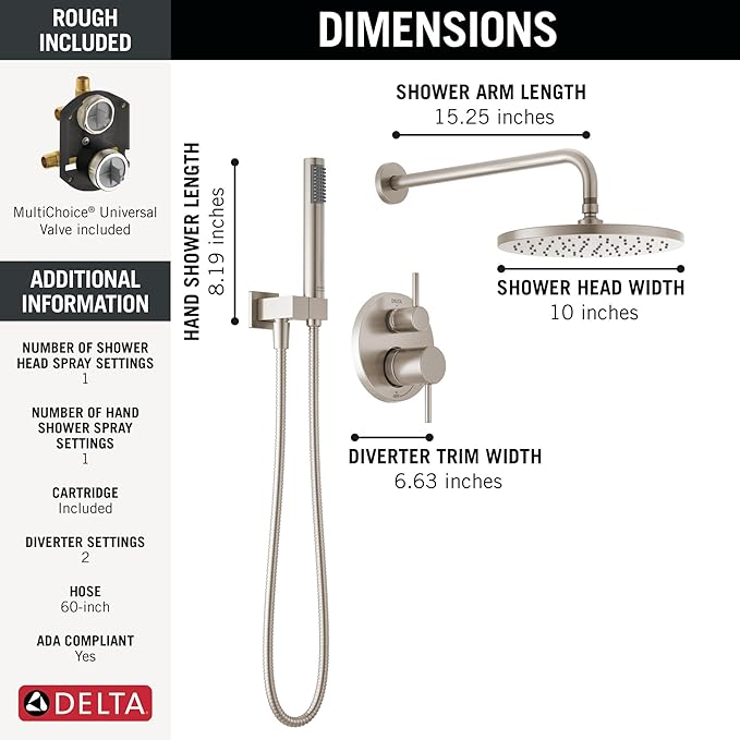 Delta Modern 14 Series Round Rain Shower System Faucet Set, Rainfall Brushed Nickel Shower Head and Handle Set, Valve Trim Kit, 10 Inch, Spotshield Stainless 342702-SP