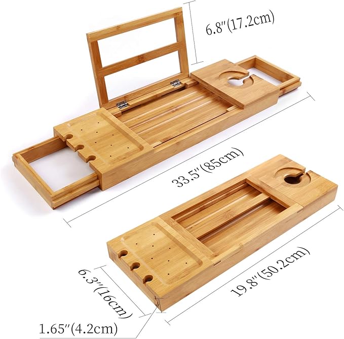 Utoplike Bamboo Bathtub Caddy Tray Bath Tray for Tub, Adjustable Bathroom Bathtub Organizer with Book Tablet Wine Glass Cup Towel Holder