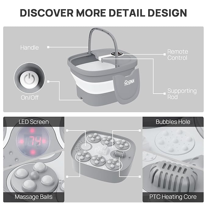 HOSPAN Collapsible Foot Spa Electric Rotary Massage, Foot Bath with Heat, Bubble, Remote, and 24 Motorized Shiatsu Massage Balls. Pedicure Foot Spa for Feet Stress Relief - FS02A