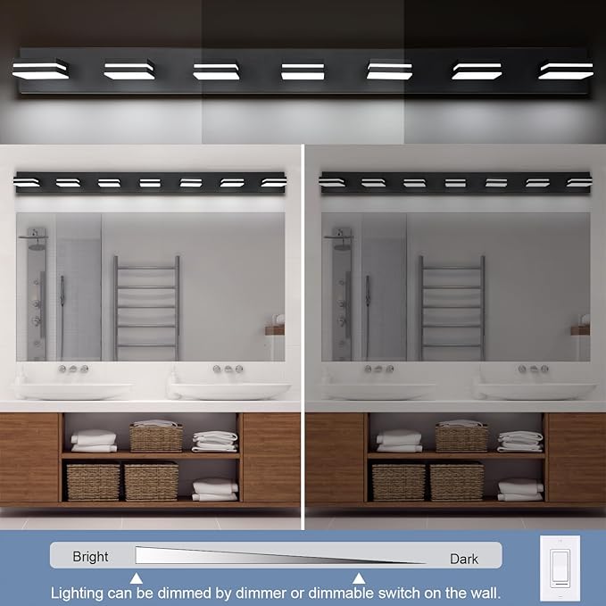 SineRise LED Modern Bathroom Vanity Light Fixtures (7-Light, 55-Inch), Matte Black Modern Acrylic Bathroom Wall Lighting Fixtures Over Mirror (Cool White 6000K)