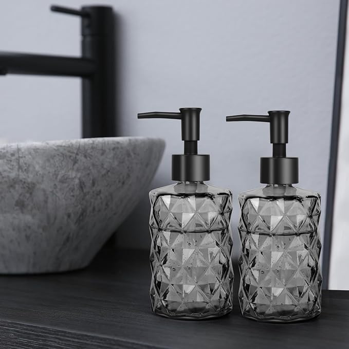 11oz Glass Soap Dispenser with Plastic Pump, Clear Black Bathroom Soap Dispenser for Hand Wash & Dish Wash, Elegant Dispenser for Dishwashing Liquid, Lotion, Shower Gel, Essential Oil