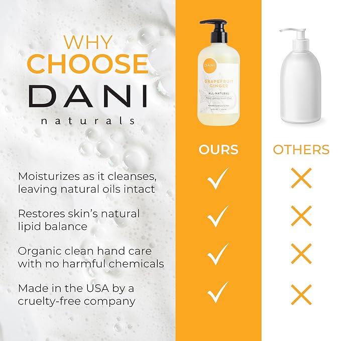 DANI Naturals Moisturizing Hand Soap – Grapefruit Ginger Scent, Hydrating, Sulfate-Free & Paraben-Free, 12 Oz Bottle with Pump, Gentle Cleansing for Dry Skin
