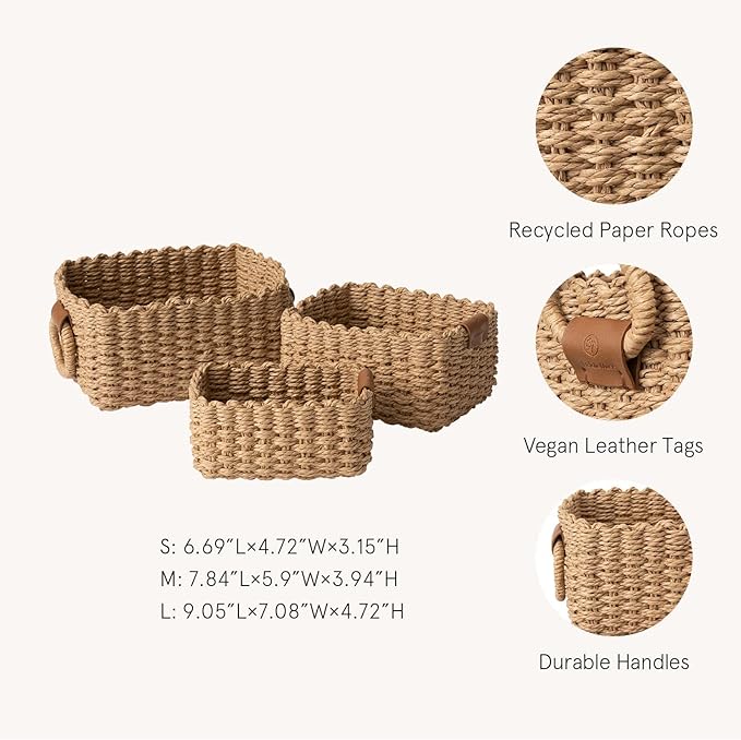 LA JOLIE MUSE Small Wicker Baskets for Organizing, Recycled Paper Rope Storage Basket Container Bins for Shelves Bathroom Cupboards Drawer, Decorative Square Basket Organizer Set of 3