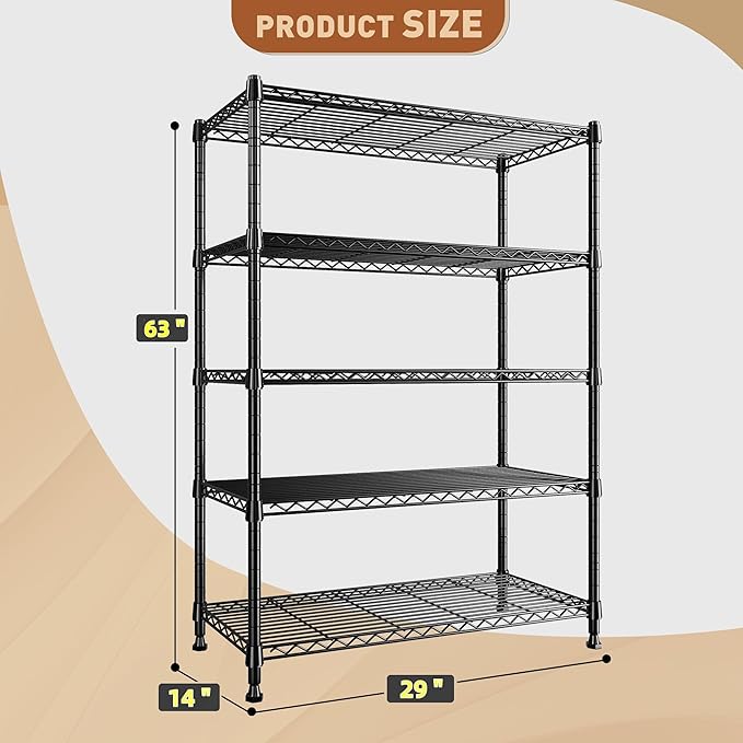 REIBII 5-Tier Wire Shelving Rack Storage Shelves Metal Shelves,1020 LBS Adjustable Heavy Duty Metal Shelving Units and Storage for Garage Pantry Bathroom 29" W X 14" D X 63" H