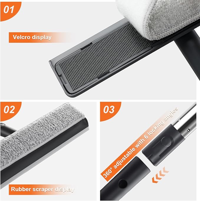 Window Cleaning Kit, Rotatable Window Squeegee for Home with 60" Extension Pole for High Windows, 3 Microfiber Cloths, Screen Brush, for Glass Indoor Outdoor