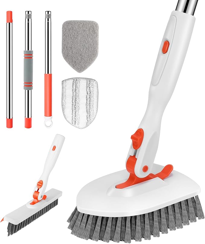 SetSail 4-in-1 Tile Tub Floor Scrubber with 52-inch Adjustable Long Handle Shower Cleaner Brush with V-Shaped Grout Brush and 3 Replacement Brush Heads for Cleaning Bathroom Kitchen Walls Tub Tile