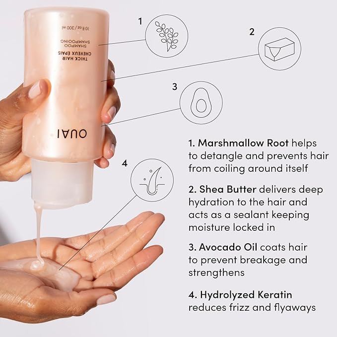 OUAI Thick Shampoo - Moisturizing Shampoo with Keratin, Marshmallow Root, Shea Butter, Avocado Oil for Thick Hair - Strengthens & Hydrates Strands - Paraben, Phthalate & Sulfate Free (10 Fl Oz)