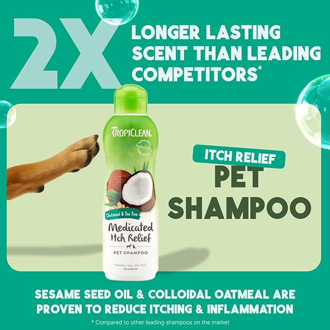 TropiClean Oatmeal Dog Shampoo for Itchy Skin Relief, Soothing Medicated Itch Relief, with Vitamin E, Puppy Safe, Made in USA, Cat Friendly, 20 oz.