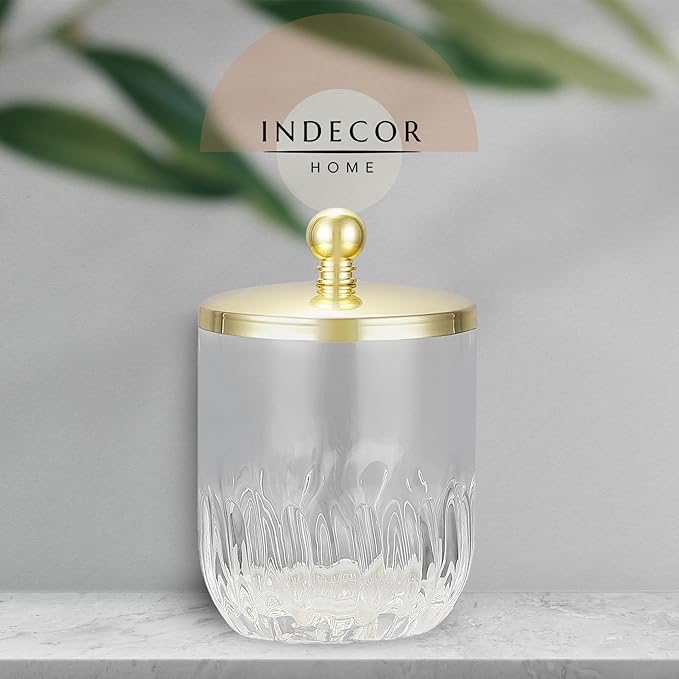 Clear Transparent Apothecary Vertical Wavy Glass Jar With Gold Metal Lid Cover for Bathroom Organization, Cotton Balls, Q Tips, and Small Accessories, Bathroom Storage