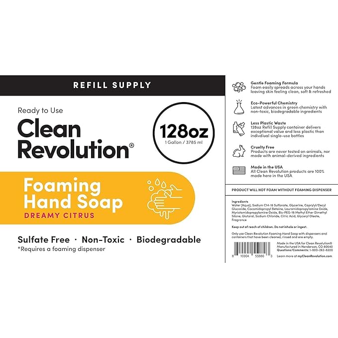 Clean Revolution Foaming Hand Soap Refill Supply Container, Ready to Use Formula, Gluten Free, Dreamy Citrus Fragrance, 128 Fl. Oz, 4 Pack