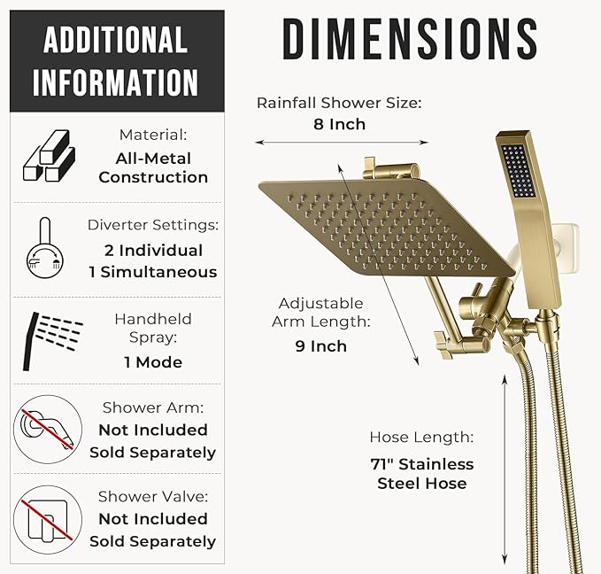 G-Promise All Metal 8-Inch Dual Square Shower Head Combo, Rain Shower Head, Handheld Shower Wand with 71-Inch Extra Long Hose, 3-Way Diverter, Adjustable Extension Arm, Brushed Gold