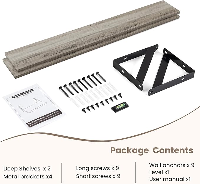 Dreamland 8 inch Deep Floating Shelves for Wall, 55W x 8D Wall Mounted Shelves Set of 2, Wide Display Ledge Shelf with Sturdy Metal Brackets for Living Room, Bathroom, Bedroom and Kitchen, Grey