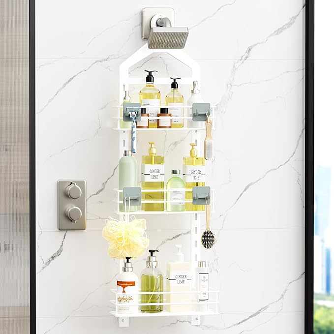 Orimade Adjustable Anti-slip Shower Caddy over Head, Rustproof Bathroom Hanging Shower Organizer with 2 Hooks for Razor, No Drilling Shower Shelves Storage Rack 3 Tier, White