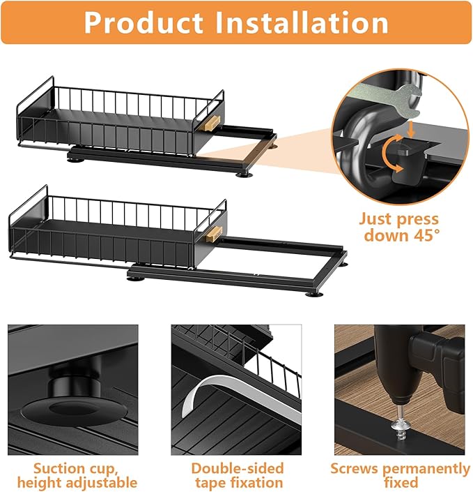 Under Sink Organizer, Single Tier Metal Pull Out Sliding Drawer Shelf for Kitchen Bathroom Cabinet Storage, Sturdy Rack – Black