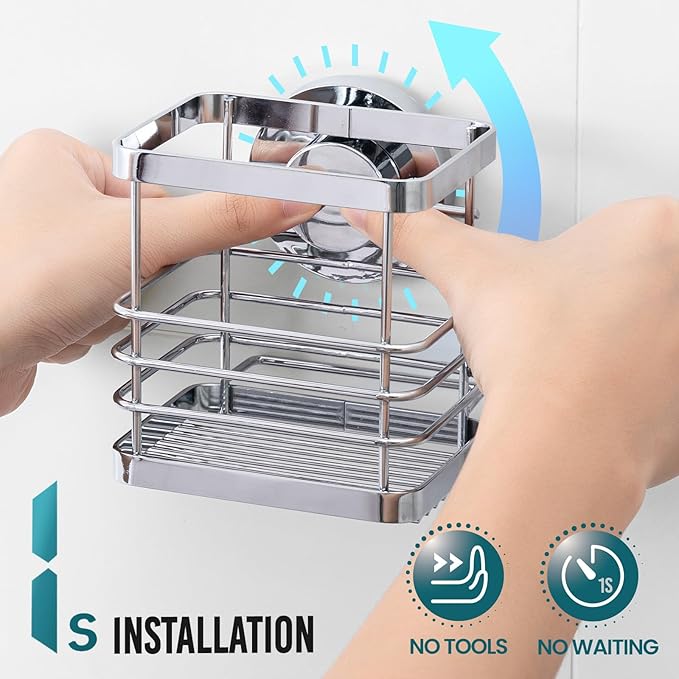 TAILI Patented Suction Cup Toothbrush Holder, Stainless Steel Anti-Puddling Shower Toothbrush Holder, No Drilling Removable Organizer for Bathroom Toothpaste, Razor, Kitchen and Office Items, Silver