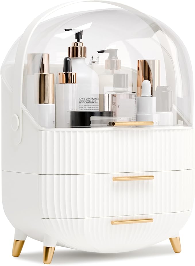 Makeup Organizers and Storage, Make up Organizer for Vanity Cosmetics Skincare Organizers With Lid and Drawers Display Cases for Countertop（White）