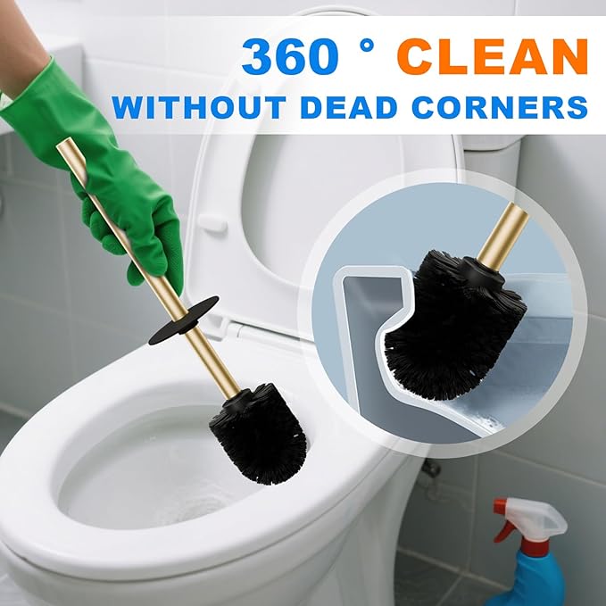 304 Stainless Steel Toilet Bowl Brush and Holder Set, Circular Floor Toilet Brush Holder, Long Handle, Bathroom Heavy-Duty Cleaner, High-End Cylinder Wall,2 Brush Head (Brushed Gold) YIGUANXIN