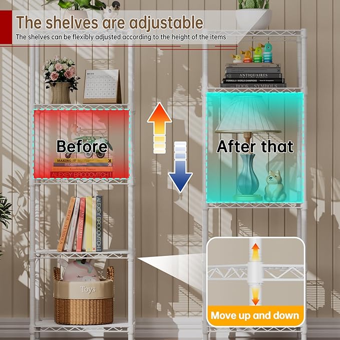 Small 5 tire Shelves Storage Wire Shelving Unit Metal Shelf Adjustable Organizers Storage Shelving for Bathroom Laundry Room Kitchen Pantry10”D x 16”W x 55”H White