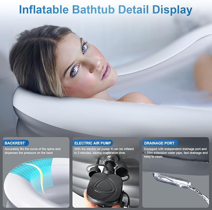 BINYUAN Inflatable Bathtub for Adults - Portable Collapsible Spa Tub with Electric Pump, Hot & Ice Bath Design, Foldable for 1-2 People, Durable PVC - Easy Inflate/Quick Drain
