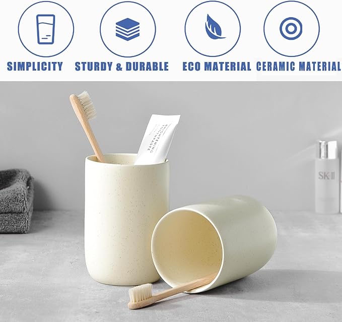 Beige Toothbrush Holders for Bathrooms - 2 Cups Ceramic Toothbrush Toothpaste Holders Set, Beige Bathroom Tumbler Cups Reusable Toothbrush Mouthwash Cup, Bathroom Counter Organizer
