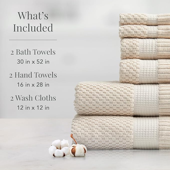 NY Loft 6-Piece Cotton Towel Set - Super Soft & Absorbent, Quick-Dry, Sand Color, OEKO-TEX Certified, Machine Washable