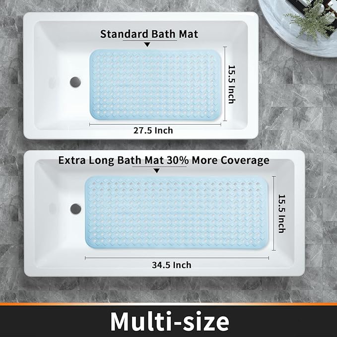 Yimobra Bathtub Mat Non Slip, Super Strong Suction Cups, 27.5"x15.5" Long Shower Mat with Drain Holes, Machine Washable Fast Draining Bath Mats, Bathroom Essentials,Light Blue