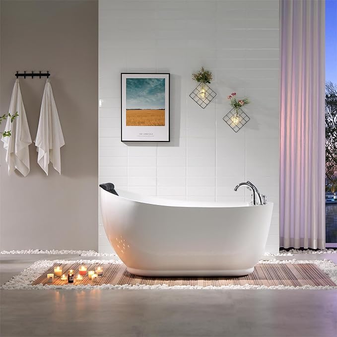 Empava 67 inch Acrylic Freestanding Whirlpool Bathtub with Hydromassage Gracefully Oval Shaped Adjustable Water Jets Soaking SPA, Single-Ended Massage Bathtubs with Black Pillow, ETL Certified, White