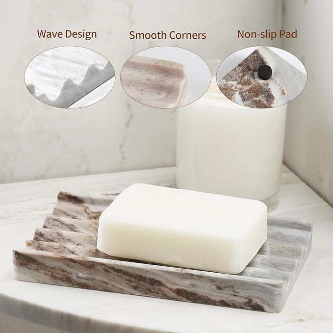 Soap Holder, Marble Soap Dish for Shower, Bar Soaps Holder with Water Ripple Design, Easy Cleaning Soaps Saver for Kitchen Sink，Bathroom, Executive Indian Natural Stone Soap Tray