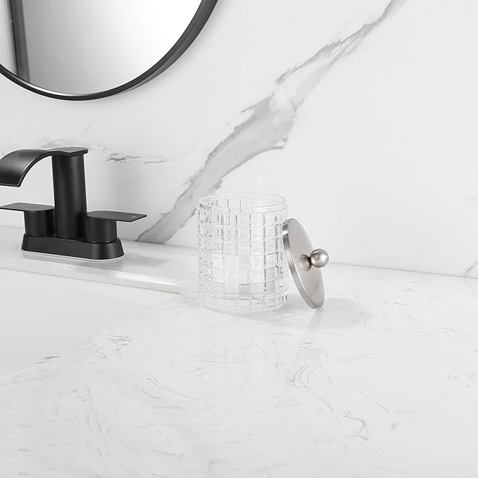 Clear transparent Apothecary Etched Geometric Grid Glass Jar W/Satin Nickel Metal Lid Cover for Bathroom Organization, Cotton Balls, Q Tips, and Small Accessories, Bathroom Storage
