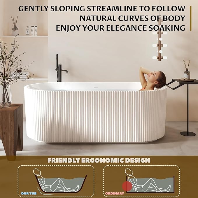 Acrylic Freestanding Bathtub, Deep Soaking Stripe Tub with Drain, Solid Surface Stand Alone Bath, Contemporary Indoor Bathroom Spa Tub for Adults, Large Foot Soak, White